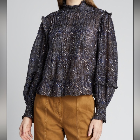 Ulla Johnson Sigrid Blouse In Indigo Diamond Size 0 Boho Puff Sleeve NWOT - Picture 4 of 13